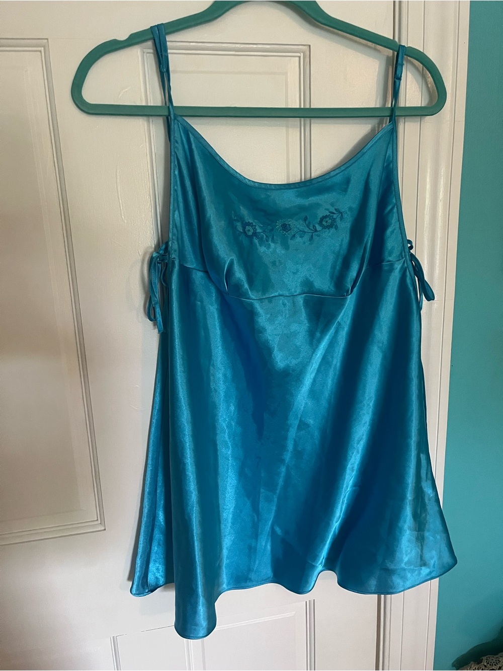delicates Teal Satin Chemise with Embroidered Neckline